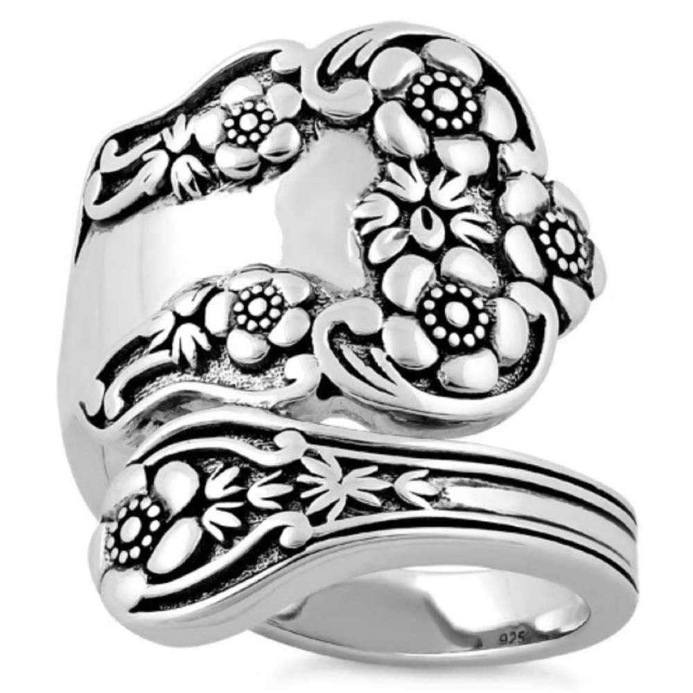 925 STERLING SILVER Vintage Style Flowers Spoon Ring - Picture 13 of 15